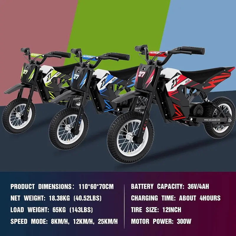 RCB R9X 12" Kids Electric Motorcycle – 300W 36V Off-Road E-Bike 15.5 MPH Electric Dirt Bike for Ages 3-12 – UK 8