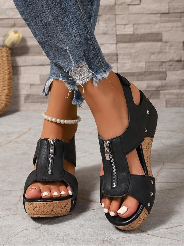 Women's Fashionable Zipper Design Peep ToeWedge Sandals, Casual Comfortable Sandals forBeach Vacation, All-match Commuter Shoes forWork & Daily Wear, Summer 1