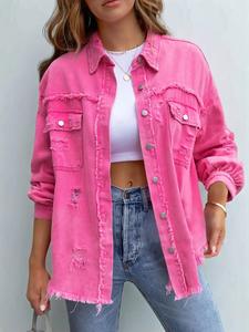 Women's Plain Button Front Ripped Drop Shoulder Coat, Casual Long Sleeve Shirt Collar Outerwear For Spring & Fall, Women's Clothes For Daily Wear, Denim Jacket