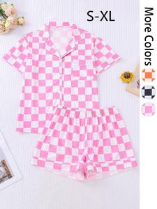 Women's All Over Plaid Print Short Sleeve Pajama Two-piece Set, Casual Comfy Lapel Neck Button Up Top & Shorts PJ Set, Ladies Sleepwear for All Seasons, Loungewear, Womenswear