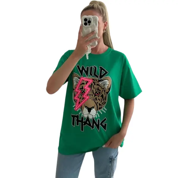 Women's Wild Tiger Thang Oversized T-Shirt- Cotton Baggy Streetwear Tee for Ladies (Black/White/Pink/Green) Casual Summer Crewneck Top Comfort Fabric 2