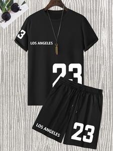 Plus Size Men's Letter and Figure Print Crew Neck T-shirt & Drawstring Waist Shorts Two-Piece Set, Regular Fit Casual Comfy Short Sleeve Round Neck Tee & Pocket Track Shorts, Men's Summer Clothes