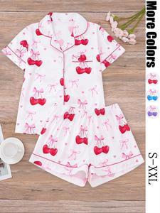 Women's Cherry Print Top & Elastic Waist Shorts Pyjama Two-piece Set, Casual Comfy Short Sleeve Top & Shorts PJ Set, Ladies Sleepwear Pajama Set for All Seasons