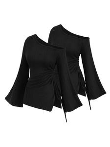 【Plus Size】 Solid One Shoulder Tee, Casual Long Sleeve T-shirt Top for Spring, Women's Clothing for Daily Wear
