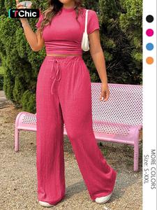 Two-piece Set Women's Solid Tee & Wide Leg Pants, Casual Basic Fashion Cozy Top & Trousers for Daily Outdoor Wear, Ladies Summer Clothes, Womenswear, Casual Matching Set, Wideleg
