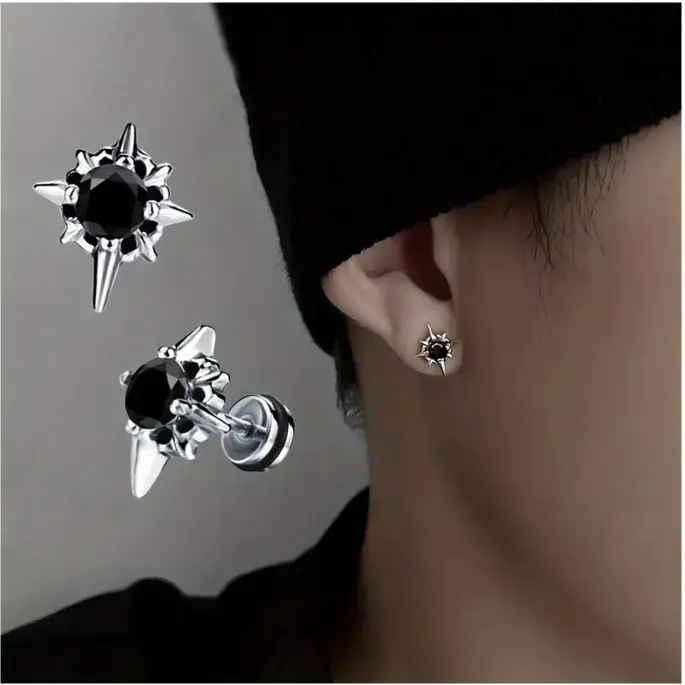 2 Stainless Steel Retro Black And White Agate Square Crystal Cubic Zirconia Screw Inlaid Earrings 4