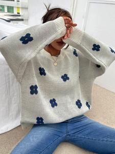 Women's Floral Print Drop Shoulder Sweater, Casual Long Sleeve Round Neck Jumper for Fall & Winter, Fashion Ladies' Knitwear for Daily Wear