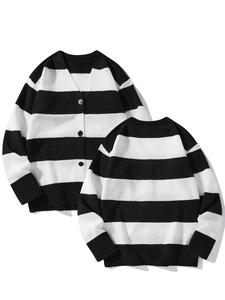 Men's Striped Print Button Front Cardigan, Loose Casual Long Sleeve V Neck Knitwear for Spring & Fall, Men's Knit Clothing for Daily Wear