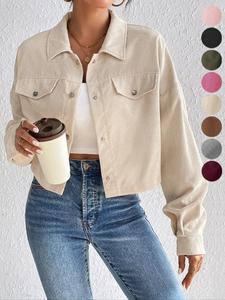 Women's Plain Button Front Drop Shoulder Jacket, Casual Pocket Design Long Sleeve Corduroy Jacket for Fall & Winter