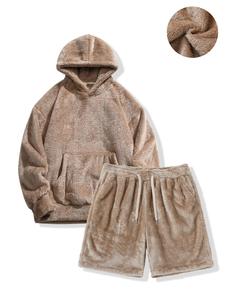 Men's Solid Drop Shoulder Pocket Hoodie & Drawstring Waist Shorts Fuzzy Set, Loose Casual Fashion Cozy Breathable Two-piece Outfits for Daily Workout Running, Men's Clothes for Fall & Winter