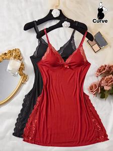 【 Plus Size】 Contrast Lace Split Thigh Sleeveless Cami Nightdress, Naughty Lingerie, Elegant Casual Fit Spaghetti Strap Nightgown for Women, Nxy Lingerie Xxl, Women's Sleepwear for All Seasons, Lady Loungewear, Soft Womenswear, Nightgown Gifts