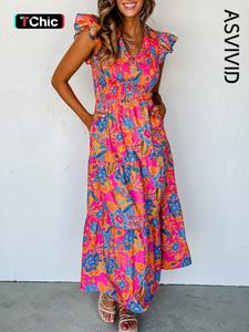 Women's Boho Floral Maxi Dress, V Neck with Ruffle Tiered Skirt & Pockets for Beach Vacation, Ladies Flowy Boho Attire, Casual Wear