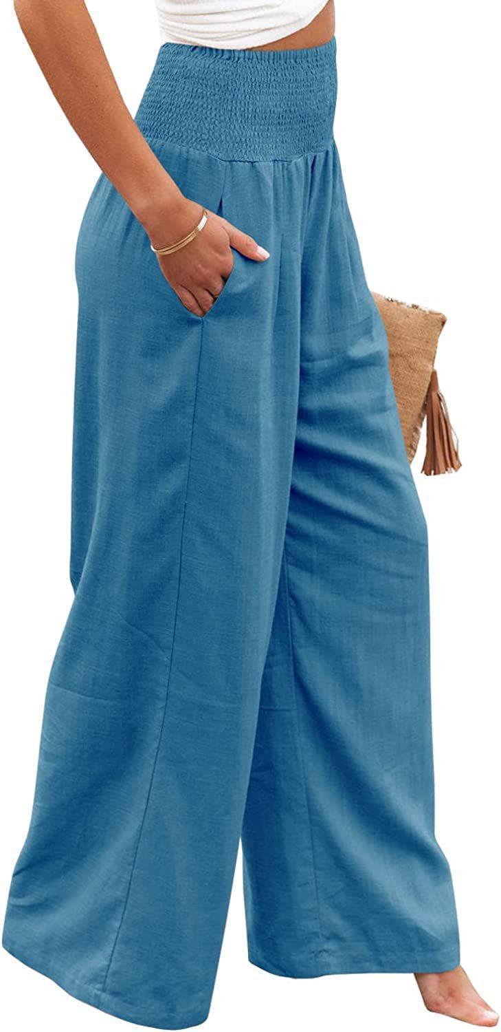 Product Introduction of Women's Plain Pocket Shirred Wide Leg Pants, Casual Elastic Waist Trousers for Beach Vacation Holiday, Ladies Bottoms for All Seasons 12