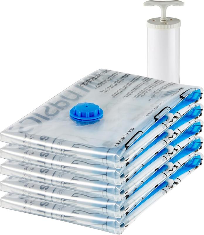 Vacuum Compression Zipper Storage Bags with  Hand Pump, Large, 5-Pack, Clear 0