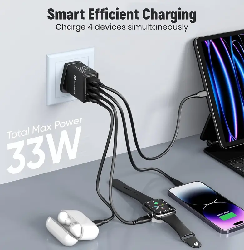 4 Multi-Port Fast Quick Charge USB Hub Mains UK Plug Adapter Wall Charger-2 Pack for Smartphones and Cellphones 5