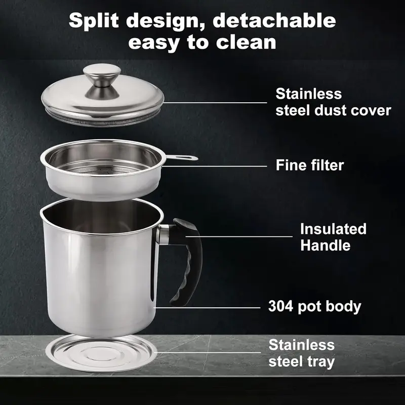 2 Pcs Oil Strainer Pot Grease Can, 1.3L Stainless Steel Oil Container with Strainer, Bacon Grease Container with Lid and Non-Slip Plate for Storing Frying Oil and Cooking Grease 5