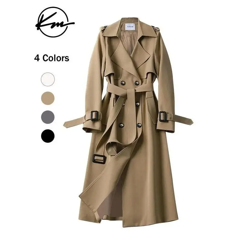 Women's Solid Double Button Belted Trench Coat, Elegant Lapel Neck Long Sleeve Coat for Fall & Winter, Women's Clothing for Daily Wear