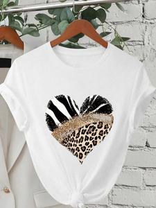 Women's Leopard Heart Print Round Neck Tee, Fashion Casual Crew Neck T-Shirt for Daily Holiday Vacation Outdoor Wear, Ladies Clothes for Summer, Top