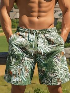 Men's Regular Fit Palm Tree Print Boxer Brief Swim Shorts, Casual Comfy Breathable Swim Shorts for Summer, Men's Swimwear for Beach Vacation