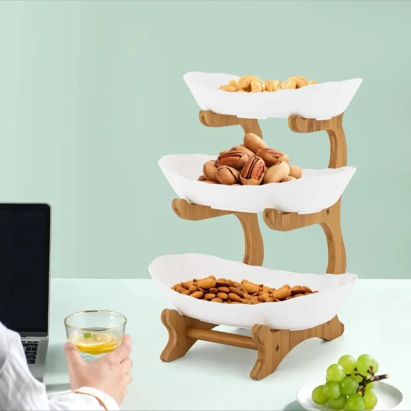 3 Tier Fruit Storage Basket Wooden Bowl Holder Utility Rack & Dining Stand 3