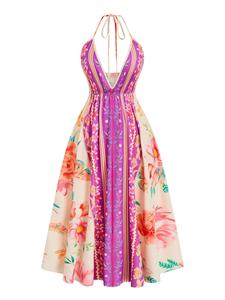 【Plus Size】Floral Print Halter Dress, Boho Sleeveless V Neck Dress for Beach Holiday Vacation, Women's Clothes for Summer