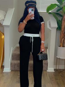 Women's Colorblock Wide Leg Drawstring Pants Set, Casual Basic Shortsleeve Tee & Pants for Daily Wear, Ladies Outfits for All Seasons, Womenswear, Clothes, Casual Lounge Set, Casual Summer Set, Casual Matching Set, Fitted Outfit Sets