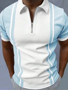 Men's Regular Fit Striped Trim Half Zip Polo Shirt, Casual Short Sleeve Collared Top for Summer, Fashion Men's Clothes for Daily Wear
