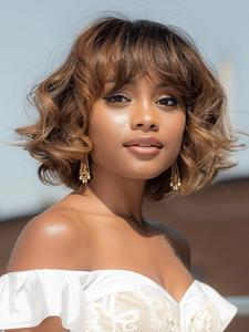 10 Inch Short Wavy Bob Wigs for Women, Gorgeous Fluffy Wigs with Bangs, Human Hair Wigs for Party, Daily Use