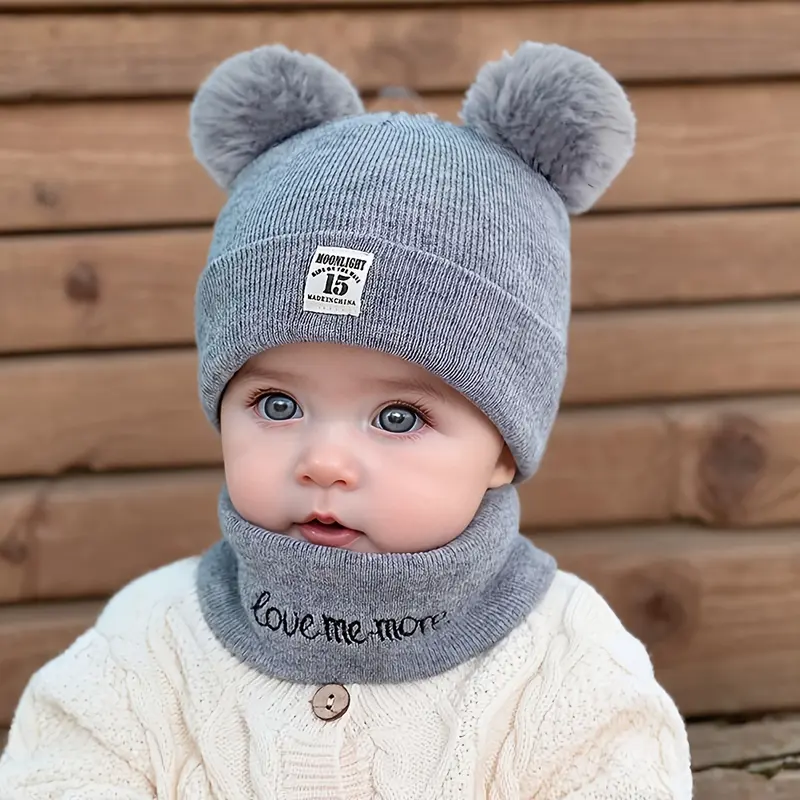 RISELDAJOR  2pcs/Set Soft & Elastic Knitted Beanies for baby, Pom-Pom & Snood with Alphabet Design, Ideal for Casual Attire in Fall/Winter and Birthday Parties 4