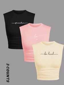 Women's Letter Print Round Neck Tee, Casual Style Slim-fitting Sleeveless T-shirt, Ladies Summer Clothes for Beach Daily Wear, Cute Tops, Clothing, Tshirts for Women