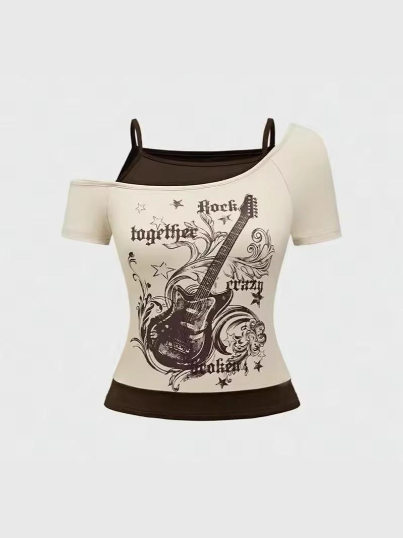 Product Introduction of Y2k Slim Fit Print Tops Women Off Shoulder Short Sleeve Tee Shirt  American Vintage Fake Two Piece Halter Lace Up T-shirts 3