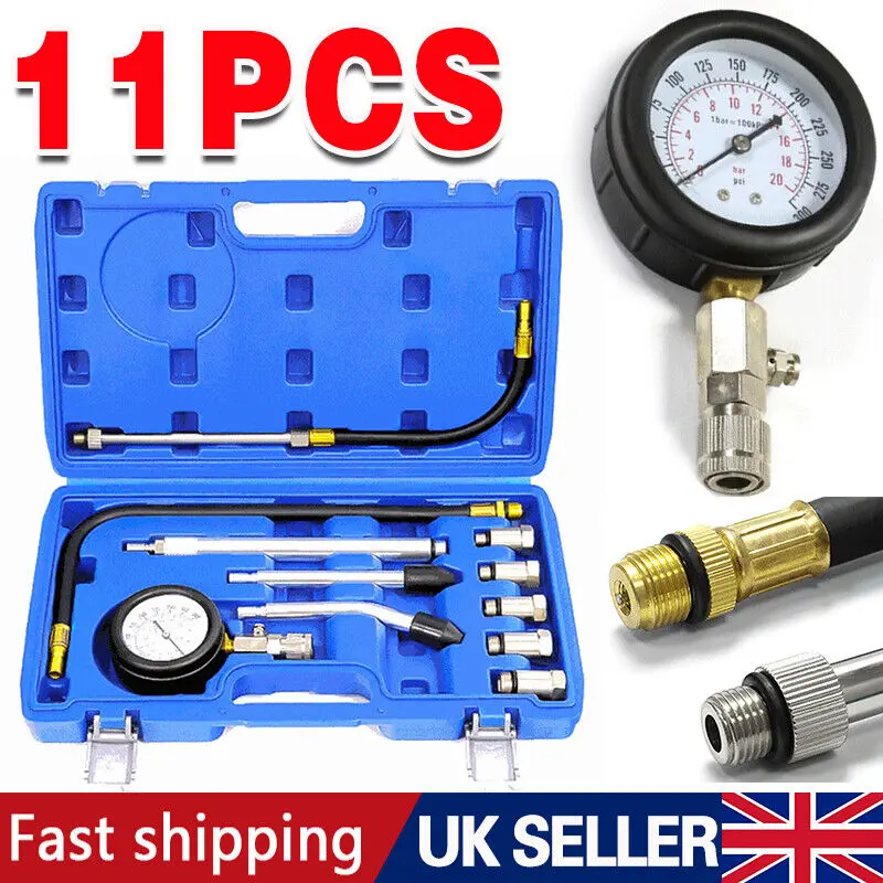 Petrol Engine Compression Tester Kit Fuel Cylinder Pressure Gauge Tool Set 11X 7