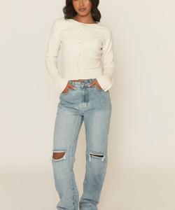 Mid Wash Denim Distressed Knee Extra Long Jeans - Ivelisse