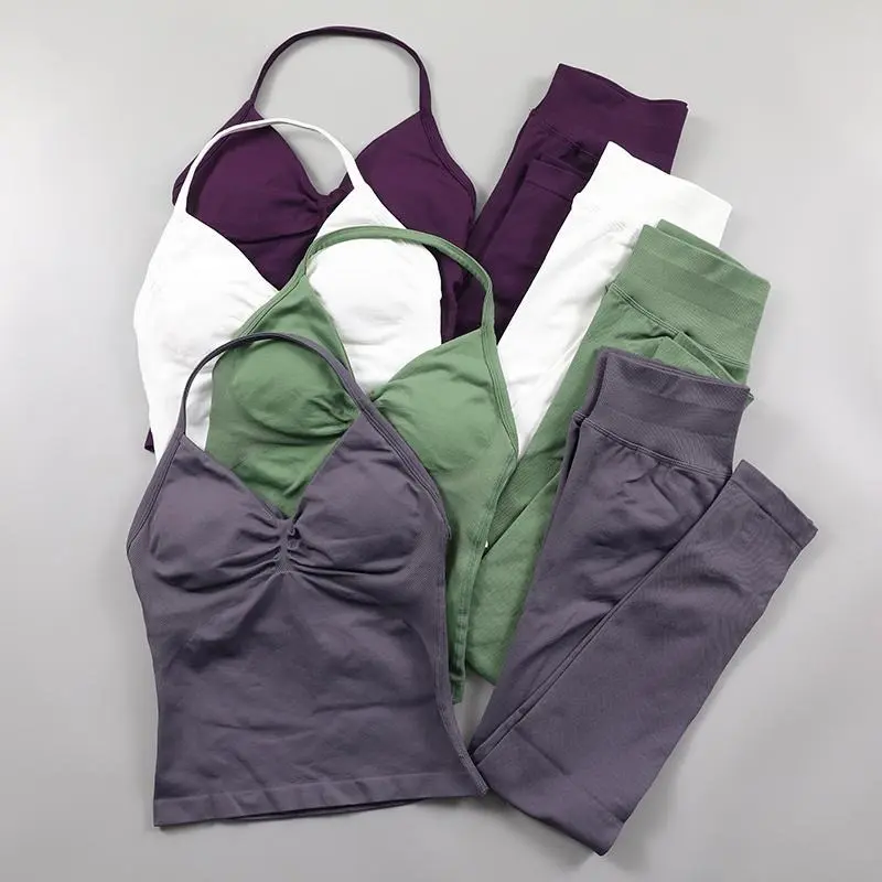 【2025】Impact Leggings Set Women Seamless Yoga Set Fitness Clothing Scrunch Bum Gym Legging Padded Tank Top Workout Outfits Sportswear
