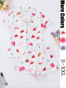 Women's Cartoon  Print   Top & Elastic Waist Shorts Pyjama Two-piece Set, Casual Comfy Short Sleeve Top & Shorts Pj Set, Ladies Summer Sleepwear
