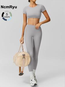 Women's Patchwork High Elastic Soft Slim-Fit Shock-proof Open Waist Short Sleeve High Waist Beautiful Hip Trousers Yoga Clothes suit Outdoor Running Cycling Hiking Walking Fashion suit Gym Training Sports All-match Short-sleeved Pants