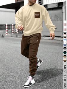 Two-Piece Set Men's Patchwork Drop Shoulder Pocket Sweatshirt & Letter Print Drawstring Sweatpants, Regular Fit Casual Fashion Cozy Round Neck Long Sleeve Pullover & Elastic Waist Trousers for Daily Wear, Men's Outfits for Fall & Winter