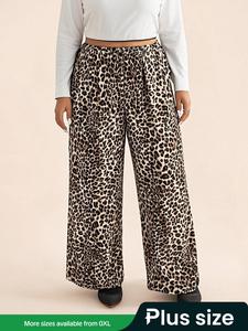 【Plus Size】 All Over Leopard Print Drawstring Waist Wide Leg Pants, Casual Pocket Trousers for Daily Wear, Vibrant Pants Women, Women's Bottoms for All Seasons, Trousers for Women, Clothes for Women, Womenswear