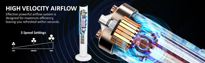 Product Introduction of Tall Tower Fan 42 Inch, Quiet Bladeless Tall Fan,7 Hour Timer with Remote Control, Oscillation, LED Touch Display, 3 Modes & 3 Speed Settings for Home & Office - White 1