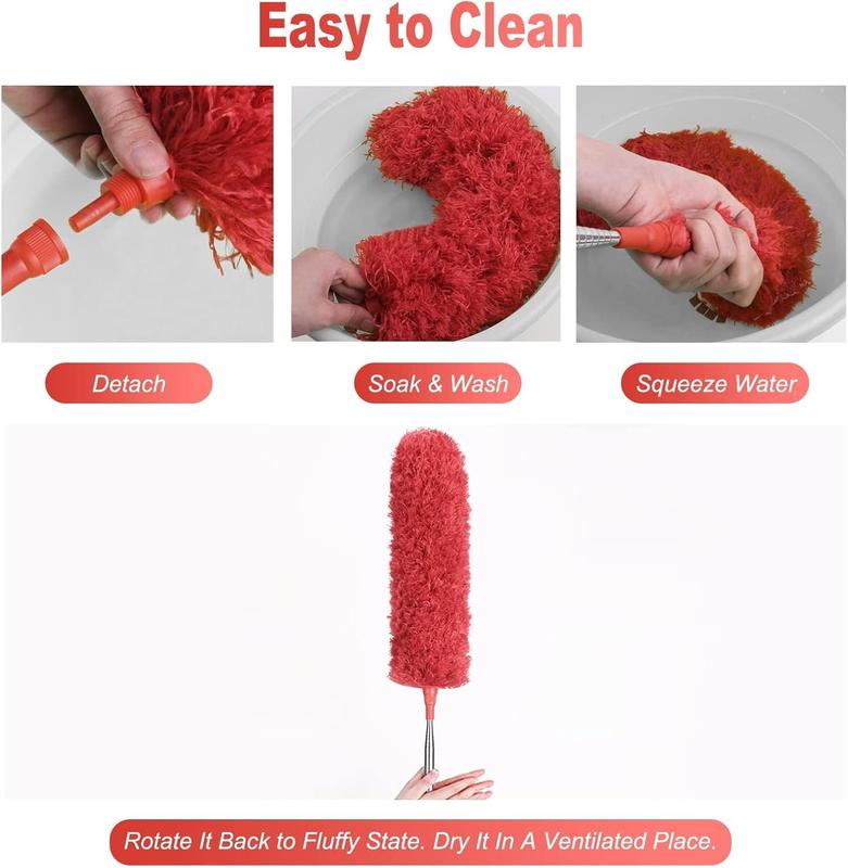Extendable Feather Duster, Microfiber Duster with Extra Long 100 inches Telescopic Pole and Bendable Head, Hand Duster for Cleaning High Ceiling Fans, Cars, Blinds, Cobweb (Red) 2