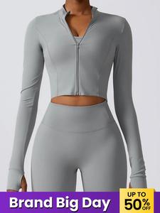 Women's Solid Zip Up High Neck Sports Crop Athlete Jackets, Quick Drying Long Sleeve Zip Front Outerwear for Yoga Gym Tennis Pickleball, Ladies Sportswear Clothing for All Seasons