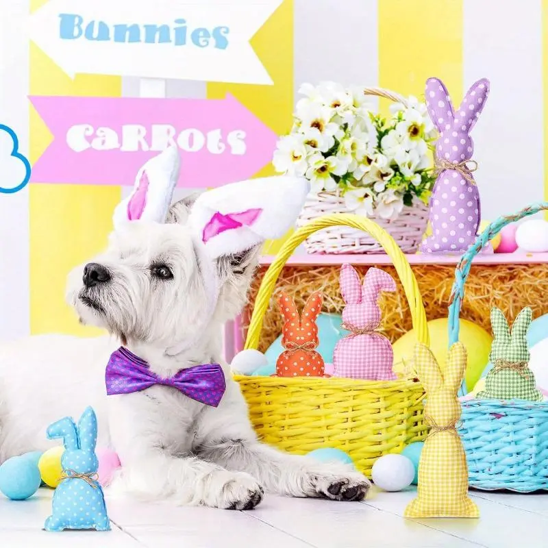 6pcs Easter Bunny Plush Knit Polka Dot Checkered Rabbit Figurines, Polyester Fabric Decorative Props for Holiday Party Decoration, No Electricity Needed 6