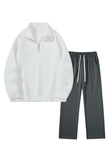 Men's Zip Up Half Pullover & Pants Two-Piece Set, Casual Long Sleeve Top & Trousers for Spring & Fall, Men's Clothes for Daily Wear