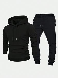 Men's Solid Long Sleeve Hoodie & Trousers Set, Casual Hooded Sweatshirt & Jogger Pants for Spring & Fall, Men's Two-piece Outfits for Daily Wear