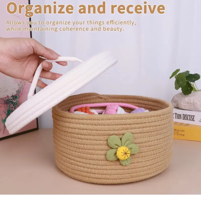 A Set of Three Large Covered Storage Baskets, Handmade Woven Fresh Style Desktop Decoration, Organizing Household Miscellaneous Items 2
