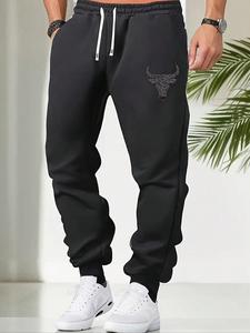 【Plus Size】 Men's Bull Head Print Drawstring Waist Sweatpants, Casual Comfy Jogger Pants for Daily Wear, Men's Trousers for Fall & Winter