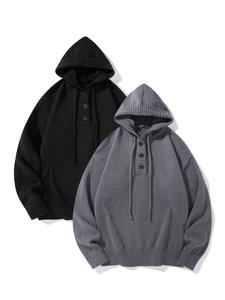 Men's Solid Button Front Drawstring Sweater Hooded Pullover, Casual Regular Fit Long Sleeve Knit Top for Fall & Winter, Men's Clothes for Daily Wear