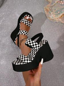 Women's Checked Pattern Platform High Heels Wedge Sandals, Trendy Slip on Sandals, Chic All-match Shoes for Daily Wear