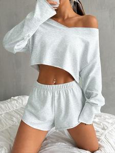 Two-piece Set Women's Solid Drop Shoulder Crop Top & Elastic Waist Shorts,   Casual Fashion Cozy Two Piece Outfits for Daily Wear, Ladies Clothes for All Seasons