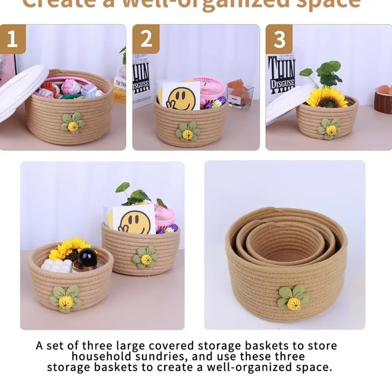 A Set of Three Large Covered Storage Baskets, Handmade Woven Fresh Style Desktop Decoration, Organizing Household Miscellaneous Items 3